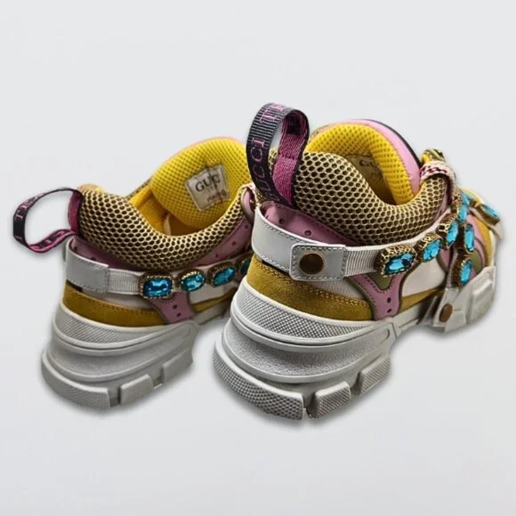 Gucci Journey Flashtrek Crystal Sneakers Jewel Chunky Sole Pink/Yellow/White - Picture 5 of 14